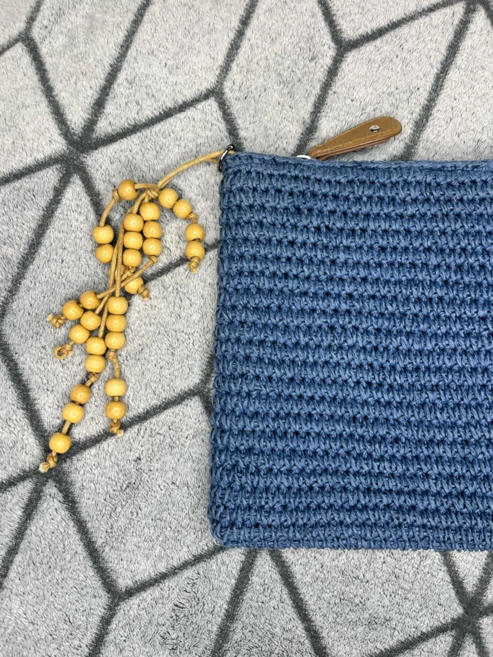Straw Studios Handcrafted Bohemian Navy Raffia Crochet Clutch w Beaded Tassel